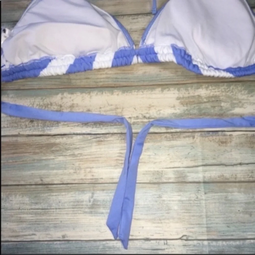 Mossimo Light Blue White Striped Triangle Bikini Top Medium Halter Nautical Swim - Picture 4 of 4